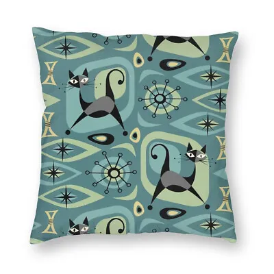 Mid Century Cushion Cover Retro Atomic Siamese Cats Kitty 18  X 18  60s Print • $20