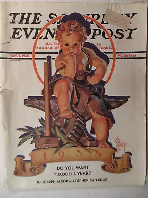 1938Jan Saturday Evening Post JC Leyendecker Cover Complete Mag New Year's Baby • $22.74