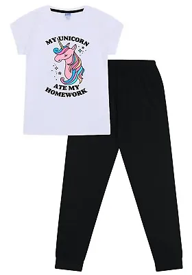 Girls My Unicorn Ate My Homework Cotton Long Black White Pyjamas 9-14 Years • £9.99