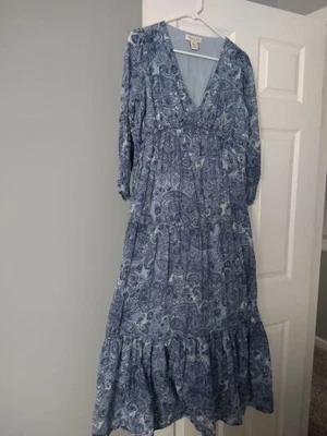 $10 • Buy Rachel Zoe Blue Paisley  Cotton Tier Ruffle Prairie BOHO MAXI Dress S