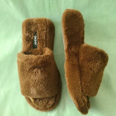 DKNY Women's Malira Faux Rabbit Fur  Brown Slides SZ 9 • $65