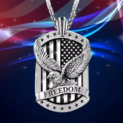 Mens Silver American Eagle W. US Flag Pendant Necklace Punk Biker Jewelry 24  • $11.99