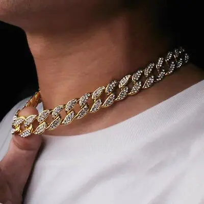 Link Chain Men Iced Out Miami Cuban 18K Gold Plated Diamond Cut Necklace 18 Inch • £7.99