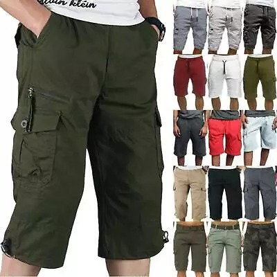 Mens Elastic Waist Cargo Shorts Casual Three Quarter Shorts 3/4 Long Trousers • $22.55