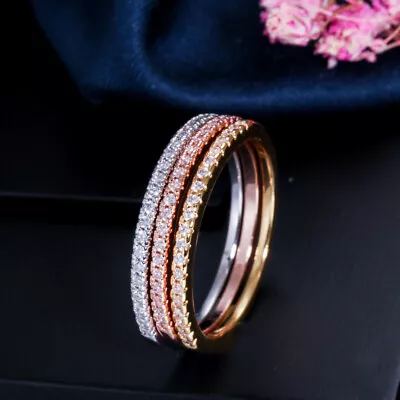 Multi-Tone Gold Plated CZ Engagement Wedding Band Stackable Ring Jewelry Set • $4.94
