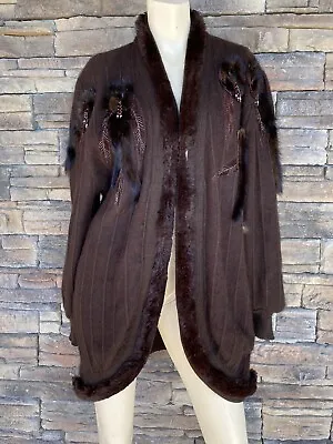 Vintage Belldini Angora Rabbit Hair Cardigan Open Coat Beaded Mink Pockets Sz L • $95