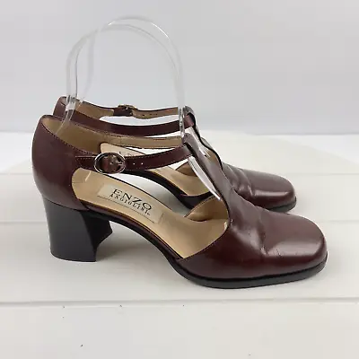Enzo Angiolini Brown Leather T Strap Mary Janes Block Heel Shoes Size 6.5M 90s • $25