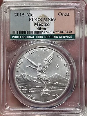 2015 Mexico Libertad 1 Oz 1 Onza .999 Fine Silver Coin PCGS MS69 Flag Label • $70.95