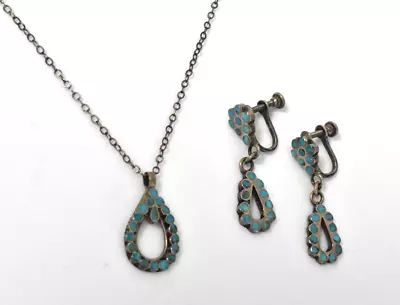 Vintage Sterling Silver Navajo Turquoise Necklace Earring Set 6.3G 17.5  NO RES • $6.99