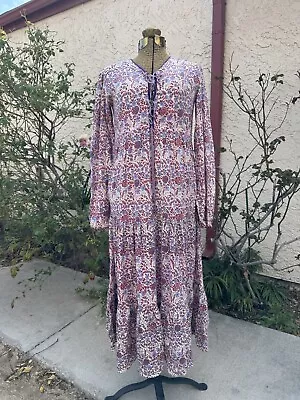 Vintage 70s Indian Cotton Floral Block Print Dress Midi Hippie Boho Festival • $200