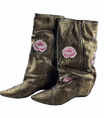 Womens Boots Gold Pink Pull On Calf Length Floral Flower Distressed Size 10 AU • $39.99