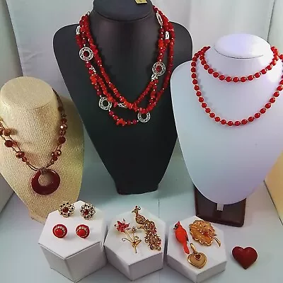 Vintage Jewelry Lot  11 PCS  Red Beaded Necklaces And Rhinestone Brooches Signed • $15.91