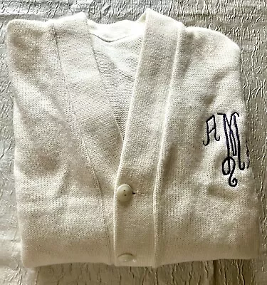 Vtg Monogrammed Button Varsity Style Cardigan Cream-Ivory Tag CUT OUT 42” Chest • $20