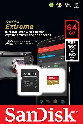SanDisk 64GB MicroSDXC Extreme 160MB/s A2 4K U3 V30 64G SD MicroSD Card SDSQXA2 • $10.99