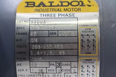 New Open Box Baldor 1/4hp 3 Phase Industrial Motor M3003 Stock 4573 • $159.99