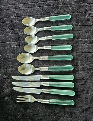 Vintage 10 Piece Set Sea Green Lucite Handles Stainless Flatware Partial Set  • $15.42