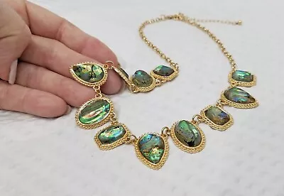 Gold Tone And Geometric Green Faceted MOP Tiles Bib Choker Necklace • $18.95