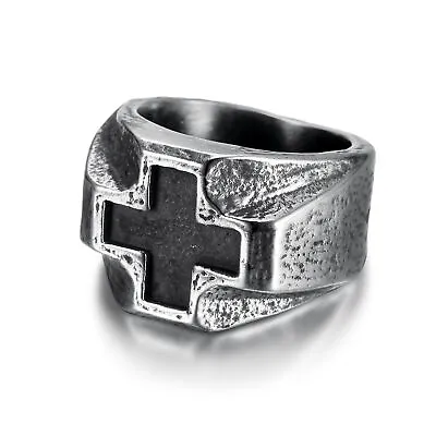 Mens 316L Stainless Steel MC Black Iron Cross Biker Ring Silver Size 7-15 Gift • $10.99