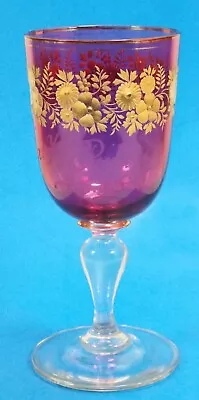 Antique Bohemian Cranberry Glass Goblet Gold Floral Trim Etched Name Large Size • $24.99