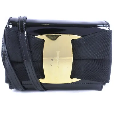 Salvatore Ferragamo Vera / Ribbon Pochette Shoulder Bag Black Enamel Women • $319