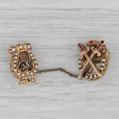 Vintage Alpha Chi Omega Theta Chi Sweetheart Badge Set 14k Gold Pearl Pins • $649.99