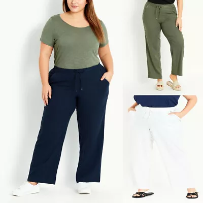 Ladies Linen Trousers Womens Premium Rib Back Summer Casual Pants Sizes 10 - 24 • £9.97