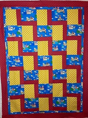 Handmade Lighthouse Cotton Quilt Top | Red Yellow Blue | Crib Size & Mini Block • $45