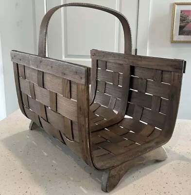 Vtg Oak Strip Woven Basket Large Magazine Rack Kindling Fireside Blanket Storage • $48.75