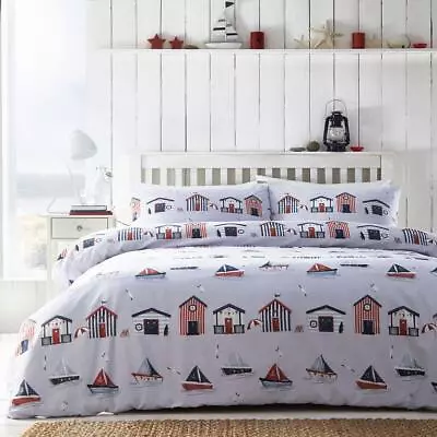 Duvet Set Beach Hut Coastal Sailing Boat Seaside Light Grey Bedding Quilt Cover  • £16.99