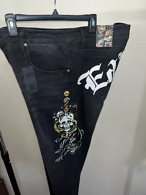 Ed Hardy Men’s Jeans Denim Black Embroidered Skull Snake Panther 40x 32 🐍 💀 • $43.99