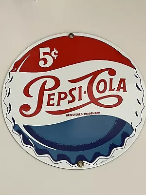 Pepsi Cola Vintage 5 Cent Round Bottle Cap Design Metal Sign 8  1991 • $13.99