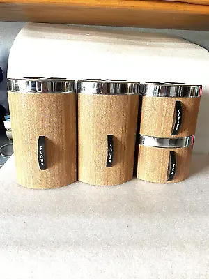 MCM Set Of 4 Vintage  Kromex Kitchen Canister Complete Faux Wood • $17