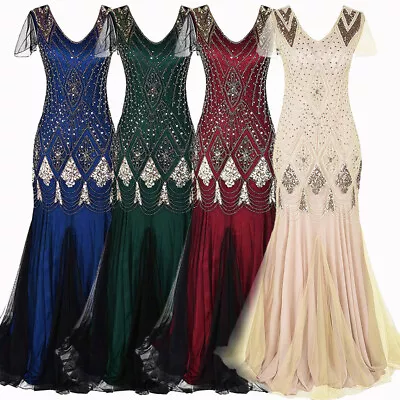 Deluxe Womens Dress 1920s Gatsby Flapper Long Sequin Retro Party Evening Cosplay • £21.88