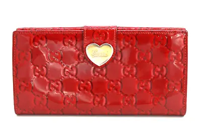 Gucci Wallet Long Card Purse Heart GG Guccissima Patent Leather Red Authentic • $136.99