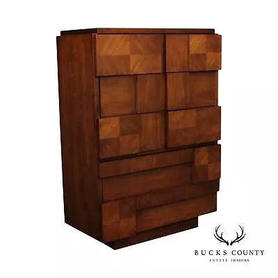 Lane Mid Century Brutalist Walnut Tall Chest Of Drawers • $1795