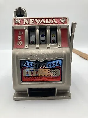 Vintage Nevada Buckaroo Metal Slot Machine Gambling Coin Bank Working 8 Inch • $45