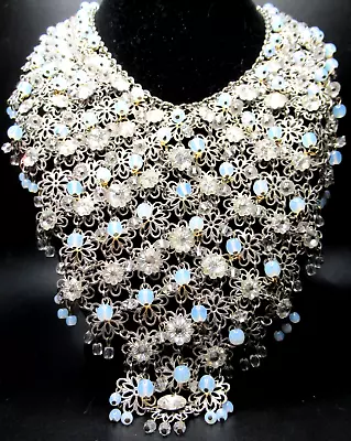 Amazing Glass Moonstone Margarita Flower HUGE Vintage Bib Necklace • $199.99