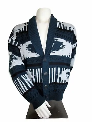 Vtg Saturdays Mens Sz M Western Print 80s Shawl Collar Sweater Chunky Knit Blue • $41.95