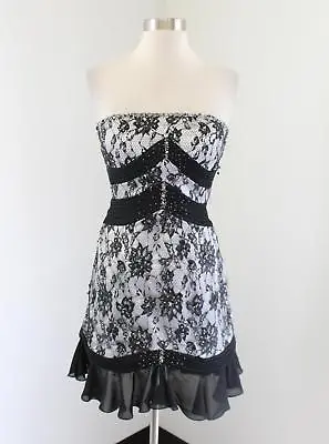 Maggie Sattero Black White Lace Strapless Sequin Prom Party Dress Size 6 Beaded • $34.99