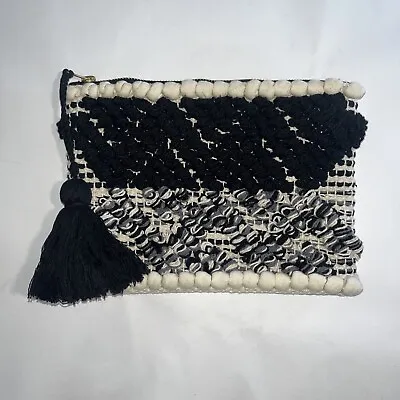 Mud Pie Tassel Fringe Pom Woven Envelope Clutch Bag  Black White Mini Poms • $15