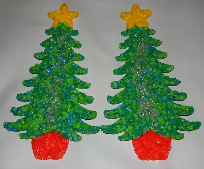 Vintage Melted Plastic Popcorn Christmas Trees 11  Flecked Colors Silver Pair • $18.50