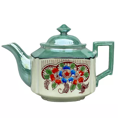 Vintage Japanese Porcelain Green Lusterware Floral Motif Teapot • $35