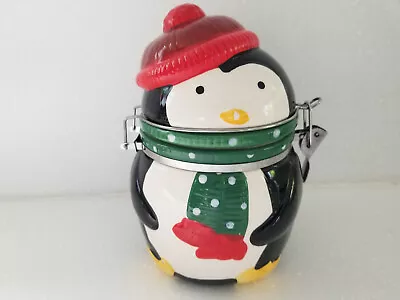 Penguin Snowman Ceramic Holiday Cookie Jar W/Hinged Lid • $19.99