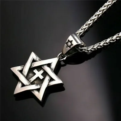 New Mens Hexagon 6 Point Star Of David Cross Pendant Necklace Stainless Steel • $10.68