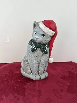 VINTAGE 8x4 CAST IRON FIGURAL GRAY CAT W SANTA HAT RUSTIC FARMHOUSE DOORSTOP • $19.99