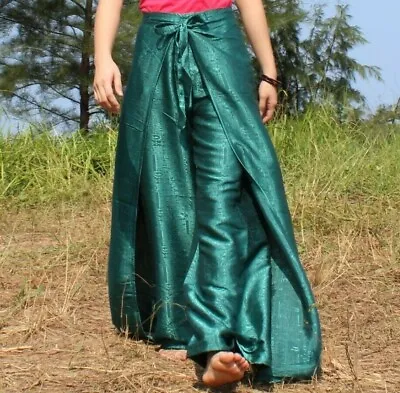 Women's Thai Silk Fisherman Pants Harem Palazzo Dark Green Hippie Boho Wrap Yoga • $21.95
