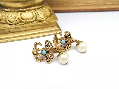 Vintage Victorian Style Gold Turquoise Blue White Faux Pearl Clip Earrings F30 • $14.44