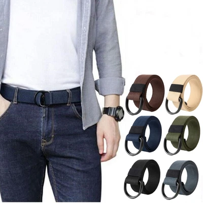 Mens Womens Canvas Double D-Ring Belts Fabric Webbing Waist Belt Strap Waistband • £5.96
