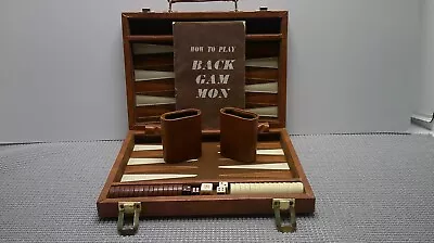 Backgammon Vintage Set Bakelite Marbled Chips Dice Brown Vinyl Briefcase Box • $40