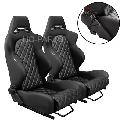 2x Tanaka All Black Pvc Leather Racing Seats Reclinable Diamond Stitch For Mazda • $317.12